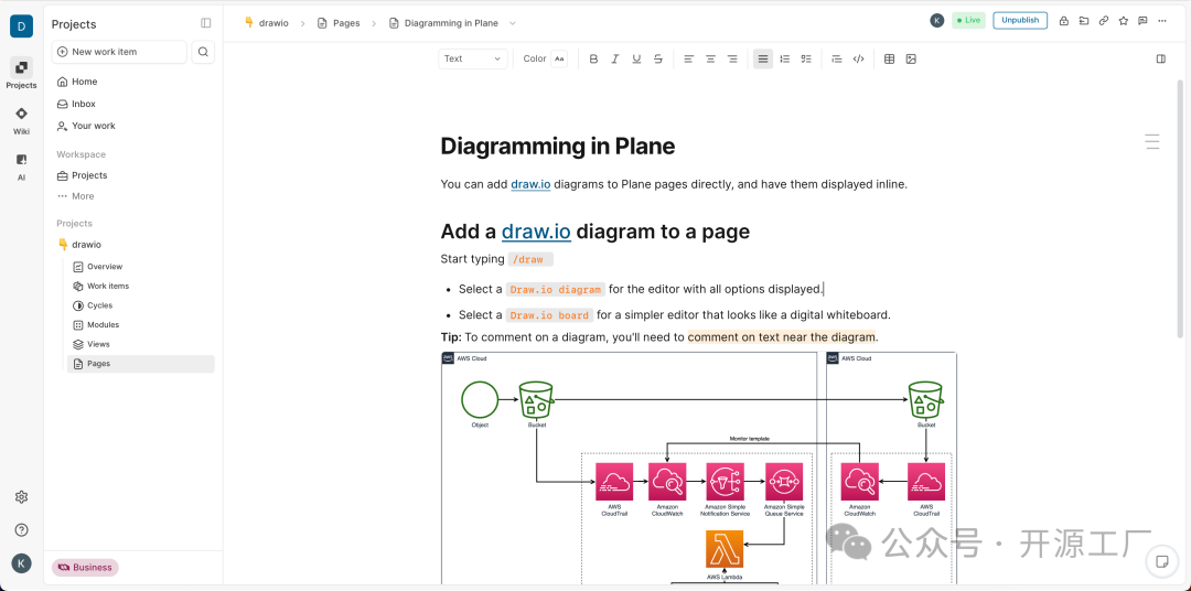 draw.io diagrams can be embedded and stored in Plane.so pages